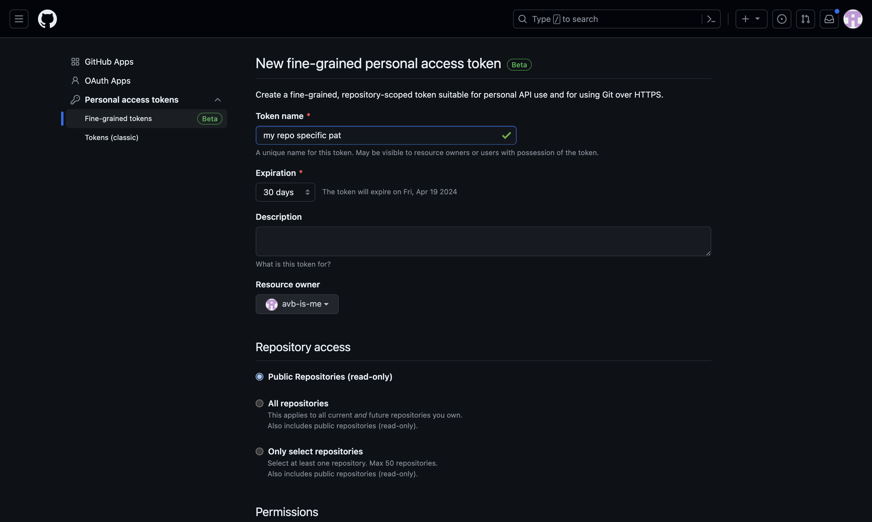 This is the image for DIV with the text: GitHub Apps OAuth Apps Personal access tokens Fine-grained tokens Beta Tokens (classic) and then clicked