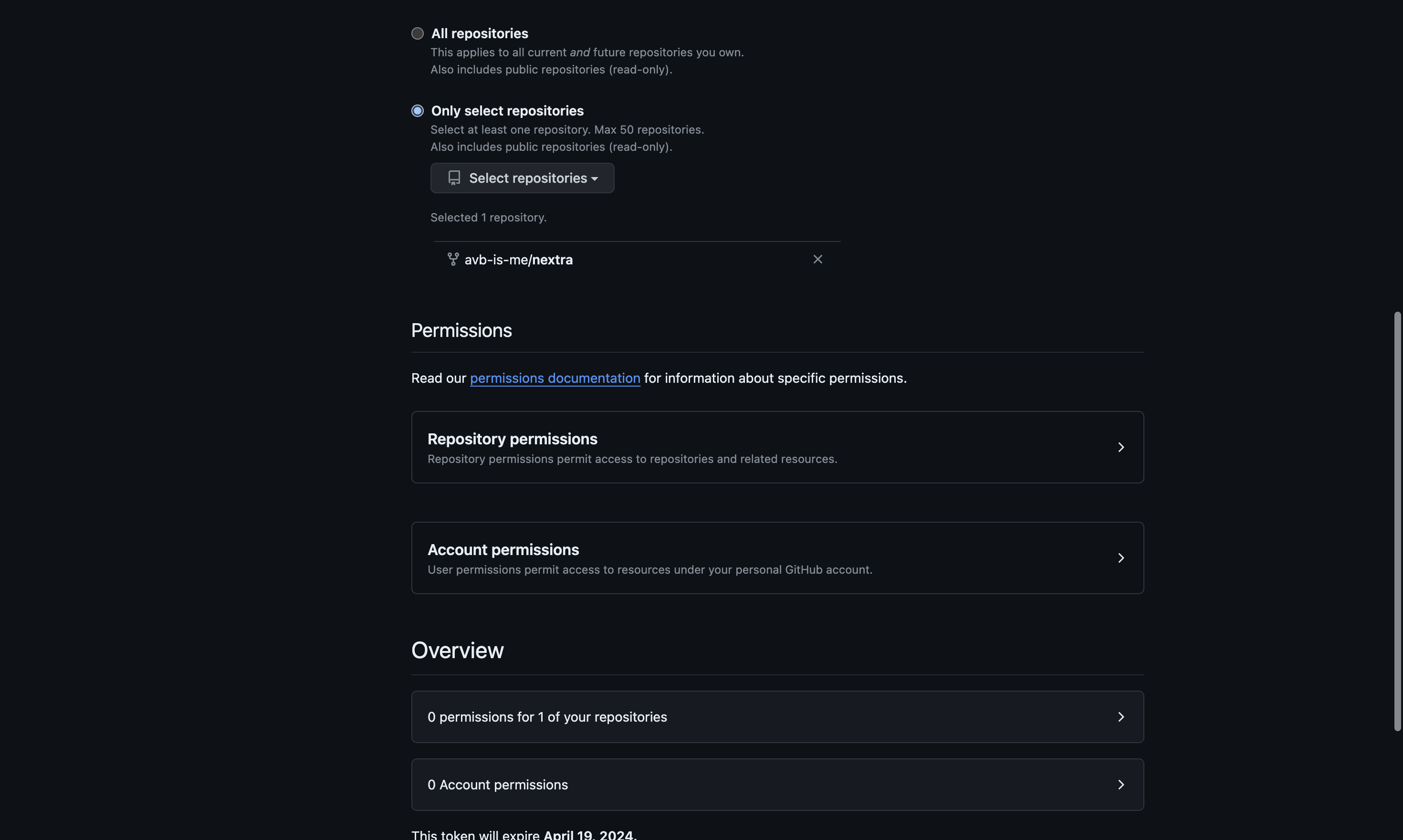 This is the image for DIV with the text: Repository permissions 0 Selected Repository permissions permit access to repositories and related resources. and then clicked
